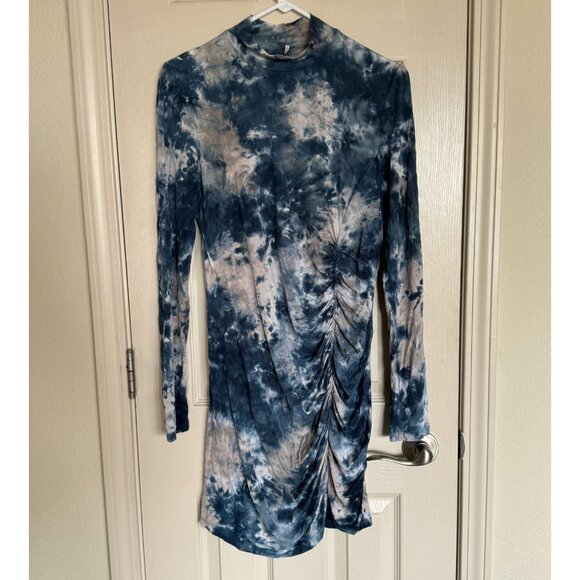 Young‎ Fabulous & Broke Lena Ruched Tie-Dye Dress Blue Mock Neck Long SLeeves M - Picture 4 of 9
